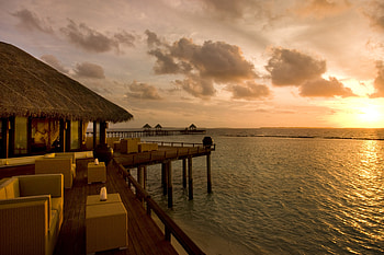 Tahiti Evening, island, tropical, dusk, tahiti, beach, twilight, water, islands, ocean, sunset, sea, bungalow, luxury, exotic, hotel, paradise, villa, lagoon, orange, view, resort, evening, bora bora HD wallpaper