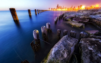Nature, Stones, Twilight, City, Lights, Shine, Light, Ocean, Dusk, Logs, Stakes, Pegging, Strengthening, Consolidation HD wallpaper