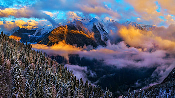 Winter Sunset, snow, trees, landscape, clouds, colors, sky, mountains, forest HD wallpaper