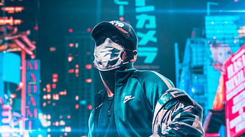 Hat Face Covered Mask Neon City , hat, artist, artwork, digital-art, neon HD wallpaper