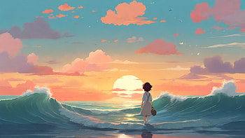Sunset Drawing, sunset, wave, sea, ocean, sky, Ocean Waves HD wallpaper