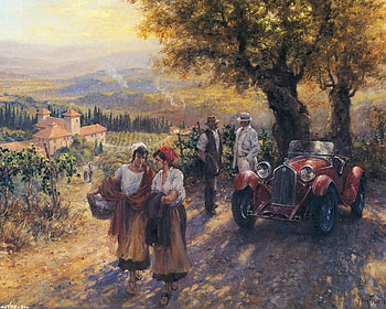 Alan Fearnley art, art, car, man, people, tree, woman, alan fearnley, painting, countryside HD wallpaper
