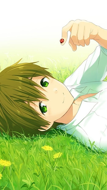 Anime Cute Boy, Lying On Garden HD phone wallpaper