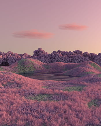 A digital surreal landscape featuring pink clouds, hills, and a serene lake, creating a calming and magical atmosphere. HD phone wallpaper