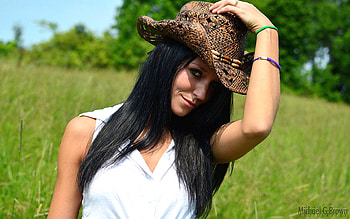 Random Access.., style, cowgirl, fun, brunettes, fashion, outdoors, ranch, trees, girls, women, models, boots, western, hats, female HD wallpaper