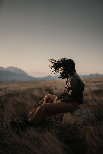 Grass, Miscellanea, Miscellaneous, Human, Person, Loneliness, Hair, Wind HD phone wallpaper