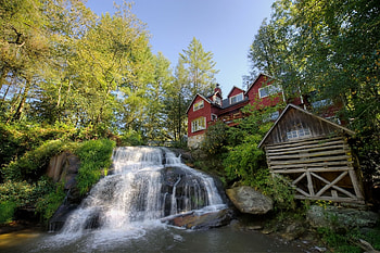 Nature, Waterfall, House, Courtyard, Yard, Barn, Shed, Cottage, que, Scenic HD wallpaper