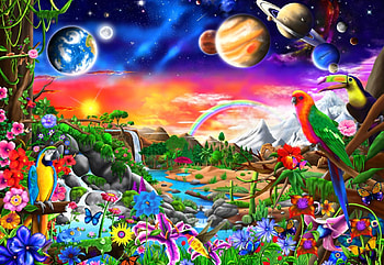 Cosmic Paradise, colors, flowers, birds, planets HD wallpaper