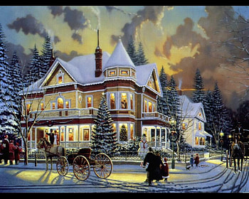 holiday welcome, winter, christmas, street, houses, people, tree HD wallpaper