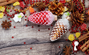 New Year decoration, xmas bumps, christmas frames, gray wooden background, christmas decorations, Happy New Year, Merry Christmas, new year concepts, xmas frames HD wallpaper