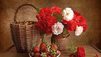 Flowers, Food, Strawberry, Still Life, Bouquet HD wallpaper