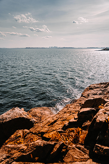 Nature, Stones, Sea, City, Rocks, Horizon HD phone wallpaper