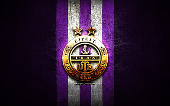 Ujpest FC, golden logo, OTP Bank Liga, violet metal background, football, hungarian football club, Ujpest FC logo, Hungary HD wallpaper