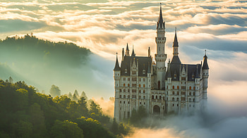 Misty Fairytale Castle — Ultra, castle, mist, forest, mountain HD wallpaper