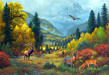 Autumn Calls, artwork, eagle, painting, deer, trees, sky, mountains HD wallpaper