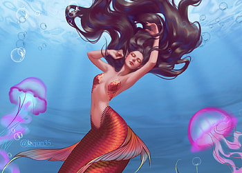 Mermaid, leejun35, leejun 35, water, blue, leejun, jellyfish, summer, pink, fantasy, red, vara, siren HD wallpaper