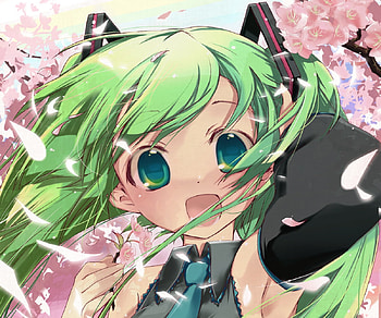 Hatsune Miku, sexy, cute, blue hair, girl, vocaloid, long hair, anime, twintails, flowers, sakura blossoms, green eyes HD wallpaper