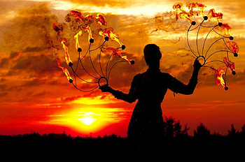 Silhouette, sky, fire, woman, sunset HD wallpaper