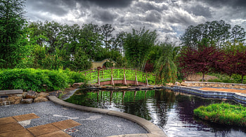 bridge over pond in a wonderful garden r, clouds, garden, bridge, r, pond HD wallpaper