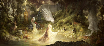 :), water, fantasy, art, yellow, ling huifu, dragon, girl HD wallpaper