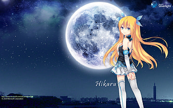 Hikaru, night, orange hair, town, cute, stars, long hair, dress, scenery, moon, scenic, blonde hair, cloud, female, sexy, scene, city, ribbon, landscape, hot, blue eye, girl, star, anime girl, anime, sky HD wallpaper