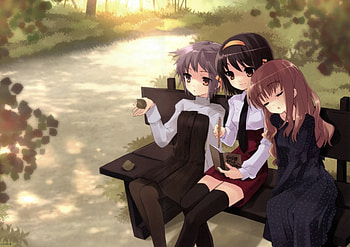 Haruhi Yuki Mikuru relaxing, anime, mikuru, yuki, haruhi HD wallpaper