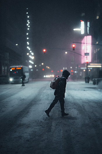 Night, Snow, Miscellanea, Miscellaneous, Human, Person, Street HD phone wallpaper
