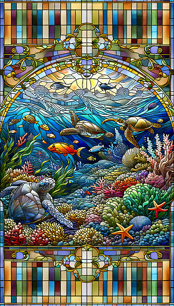 Stained Glass Ocean Life, marine life, stained glass, coral reef HD phone wallpaper