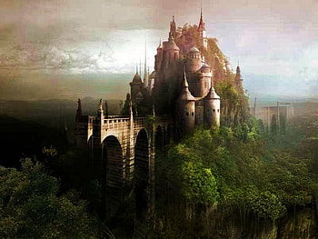 Castle sky, river, tree tops, ancient, rock, high in mountains, cliffs, turrets, green, castle HD wallpaper