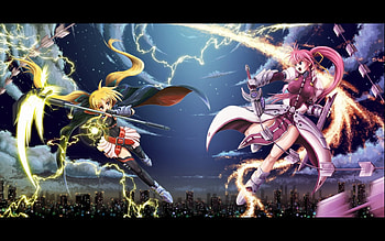 The Ultimate Battle, mahou shoujo madoka magica, awesome, cute, long hair, sakura kyouko, beauty, badass, twintails, stunning, sexy, sword, city, thigh highs, fate, hot, beautiful, anime girls, blade, scythe, pretty, cool, weapon, clouds, sky HD wallpaper