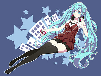 Hatsune Miku, blue, blue eyes, heads, twintail, cute, blue hair, headset, stars, vocaloid, miku, vocaloids, anime, pretty, hatsune, thighhighs HD wallpaper