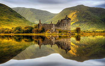 castle ruins, , evening, sunset, ancient castle, mountain landscape, mountains, Scotland HD wallpaper