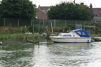 Moored Cruiser on the River, Landscape, Water, Boat, River HD wallpaper