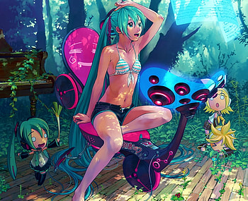 What's She Looking At?, colorful, hatsune miku, hachune miku, rin and len kagamine, vocaloid, chibi, anime, piano, trees, forest, friends HD wallpaper