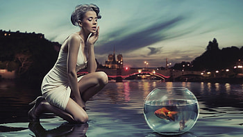 Aquarium Near Sea Shore Girl Creative Art, aquarium, girl, water, evening, creative HD wallpaper