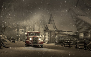 Winter, car, vintage, night, iarna, house HD wallpaper