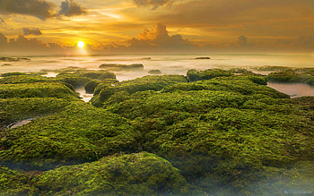 Mossy Rocks at Patar Beach, Bolinao, Pangasinan, Philippines, sky, sun, sunrise, sea, clouds, misty HD wallpaper
