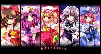 Touhou, izayoi sakuya, hakurei reimu, cute, patchouli knowledge, ribbons, saigyouji yuyuko, dress, girls, hat, flandre scarlet HD wallpaper