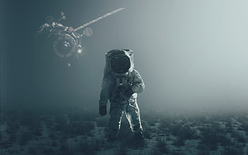 Astronaut, satellite, landscape, fantasy HD wallpaper
