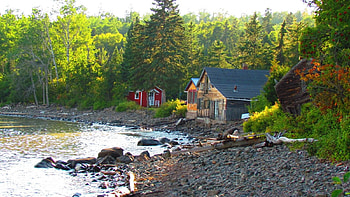 Lakeside Houses, trees, nature, houses, rocks, forest, lake, cabin HD wallpaper