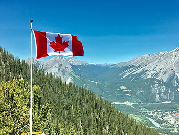 Canadian flag waving atop a scenic mountain view with blue skies and lush greenery. HD wallpaper