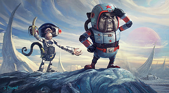 Bulldog Captain With Monkey Holding Banana, artist, artwork, artstation HD wallpaper