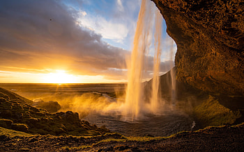 Seljalandsfoss sunset - Iceland, river, landscape, clouds, sky, cliff, sun HD wallpaper
