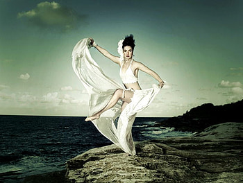 DANCE IN WHITE, white, dance, dress, woman, ocean, rock HD wallpaper