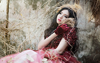 Mitu Kat, glove, model, asian, girl, oriental, beauty, woman, red HD wallpaper