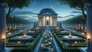 Enchanted Garden Firefly Night, firefly (bug), garden, architecture, night, statue HD wallpaper