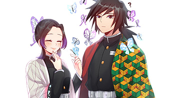 Kokushibo Shinobu Kochou Standing In Colorful Butterflies White Background Demon Slayer Kimetsu no Yaiba HD wallpaper