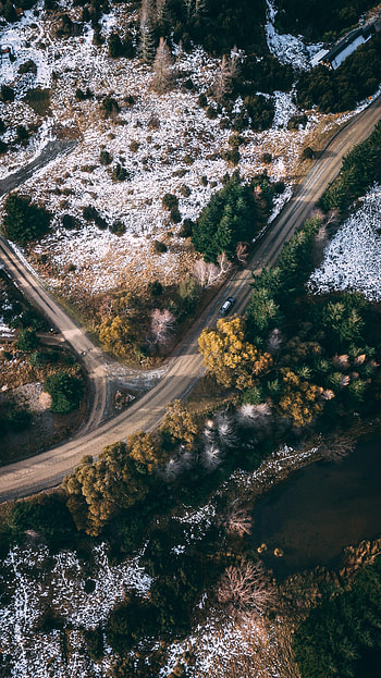 Nature, Trees, View From Above, Road, Snow Covered, Snowbound HD phone wallpaper