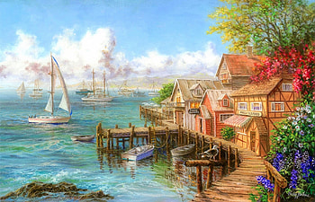 Mariner's Haven, seaside, sea, attractions in dreams, paradise, paintings, sailboats, summer, love four seasons, cottages, boats, nature HD wallpaper