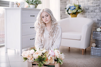 Blonde, girl model, flowers basket HD wallpaper
